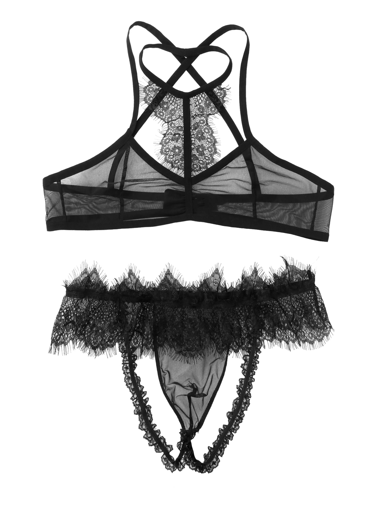 Ensembles Sissy Lingerie Hommes Soutien Gorge Transparen String Jockstrap Dentelle sous Vêtements Nightwear Noir XXL