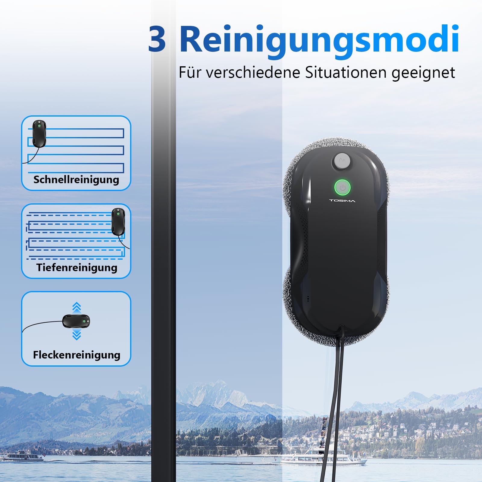 Tosima W5 Fensterputzroboter mit bidirektionalem Ultraschall-Nebelsprühfunktion, 6400Pa adaptiver Saugkraft und intelligenter Kantenerkennung für Fensterreinigung, 2026 verbesserte Version, Schwarz