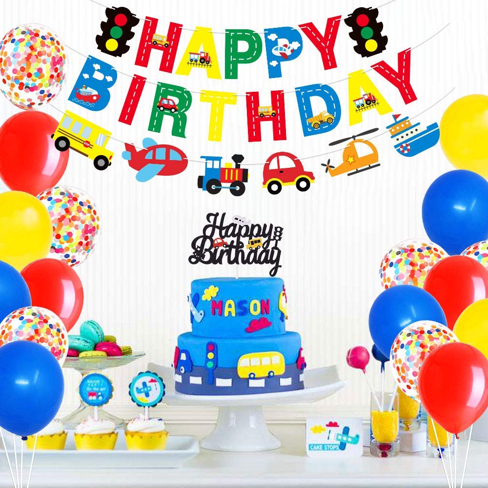 Transportation Birthday Banner And Cake Topper Colorful Traffic Cars Transportation Birthday Banner And Cake Topper Colorful Traffic Cars