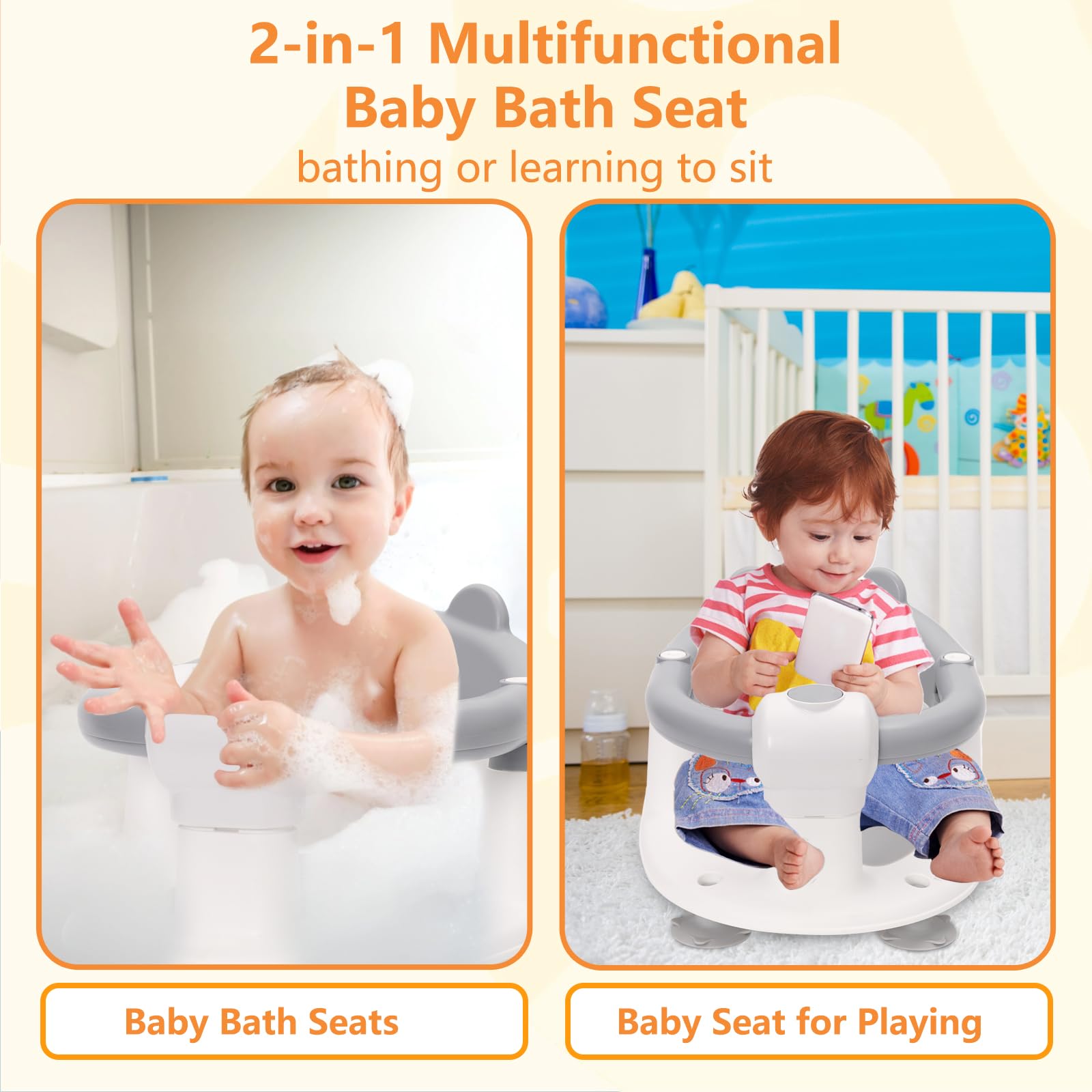 Badewannensitz Baby ab 6-24 monate Badesitz Baby mit 4 Starken Saugnäpfen Ergonomisch Rückenlehne und 360° Rundumschutz Rutschfeste Sicherer Duschsitz Geschenke für Kleinkinder und Neugeborene Grau