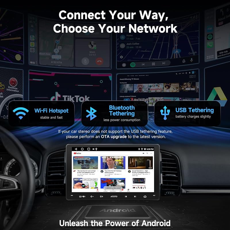 ATOTOZONE 9 Inch Android Autórádió CarPlay Wireless, GPS Navigáció, Bluetooth, WiFi, USB, FM/AM