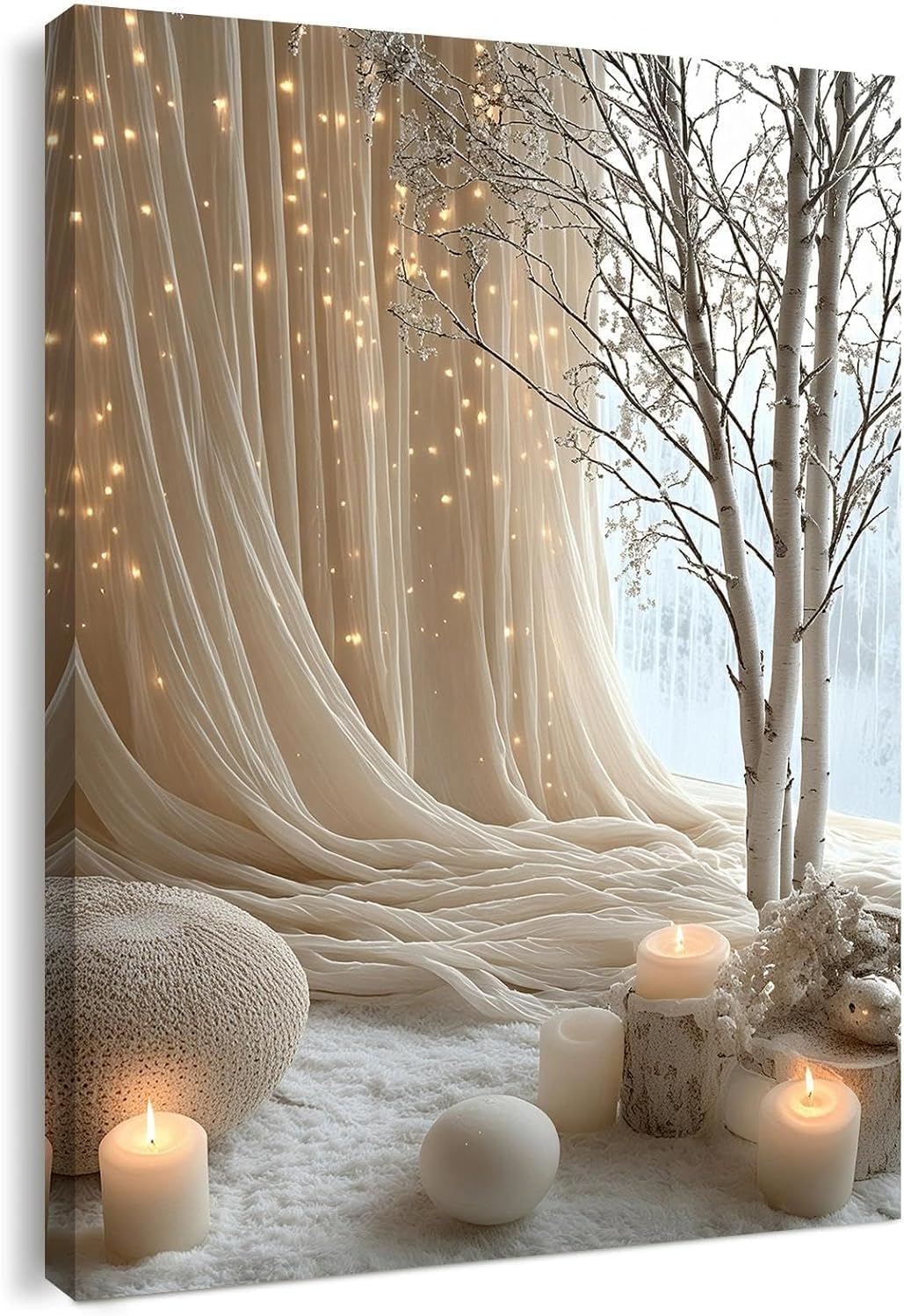 Canvas Wall Art Framed – Cozy Neutral Candle Lights Artwork, Soft Winter Hygge Style Wall Decor for Bedroom, Living Room, Hallway or Entryway Home Decoration, with Hooks and Nails, 16 x 20 inch