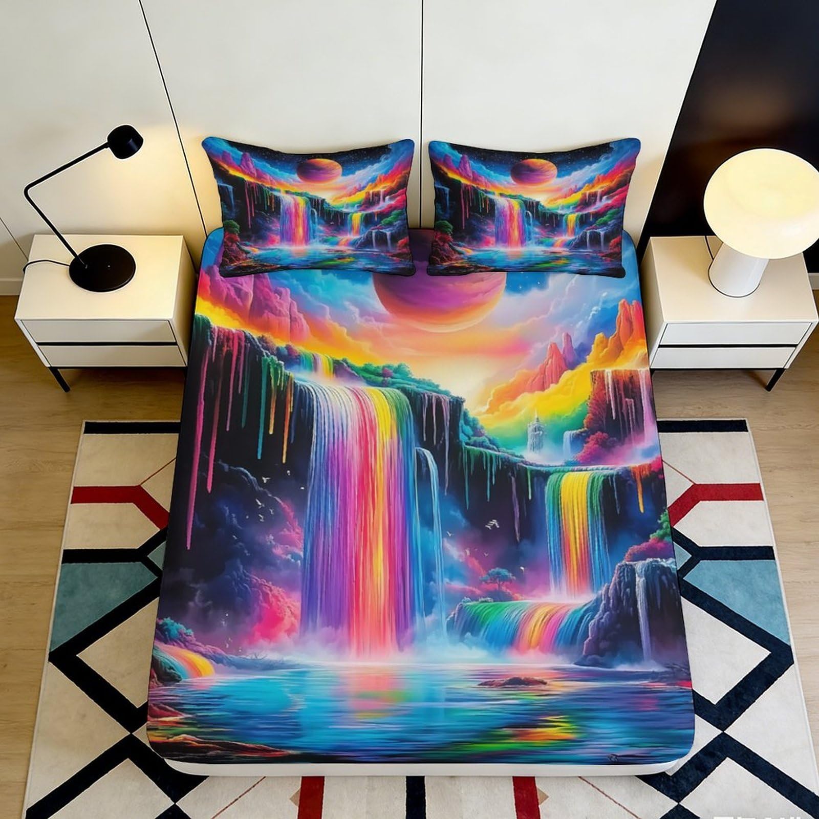 3D Printed Rainbow Waterfall Fitted Sheet Microfiber Soft Breathable Cosmic Sunset Bed Cover for Bedroom Dormitory Guest Room Mattress Protection 140x200x25cm