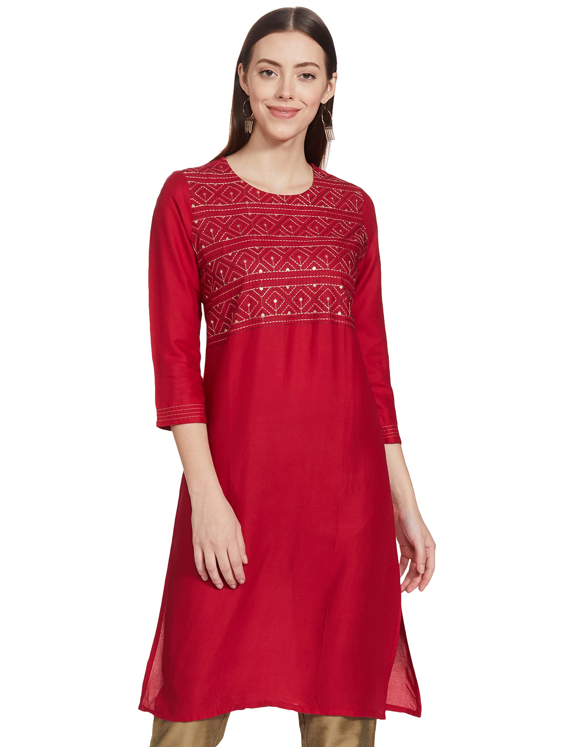 MAX Women Embroidered Straight Kurta (NACKSU20TS21_Red_M)
