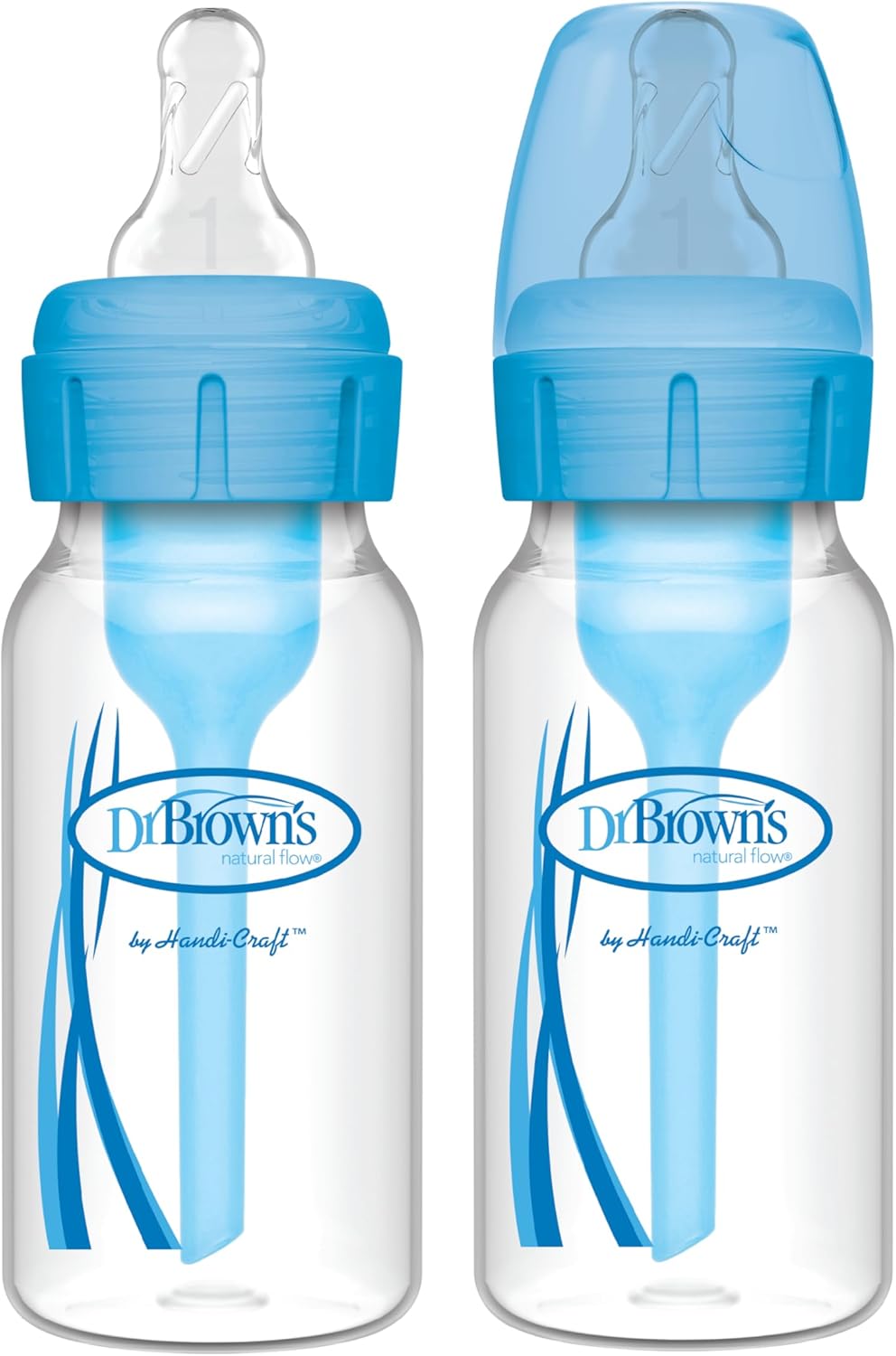 Dr. Brown’s Anti-Colic Options+ Narrow Baby Bottle, 4oz/120 ml, with Level 1 Slow Flow Teat, Pack of 2, Blue
