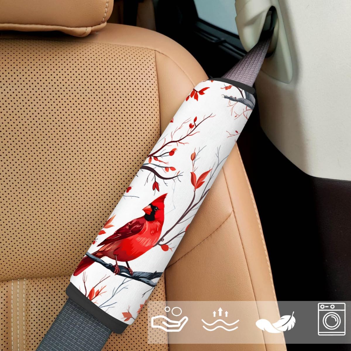 Car Seat Belt Pads Cover, Red Cardinal Bird in Branches Soft Seat Belt Covers 2 Pack All Weather Universal Protect Pads for Adults and Children