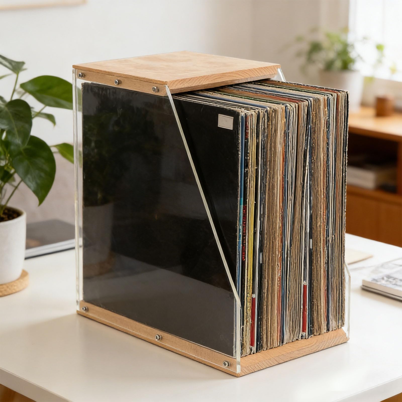 Portadischi per vinili capacità, pannelli laterali in legno e acrilico trasparente, contenitore per album e display, regalo per appassionati musica