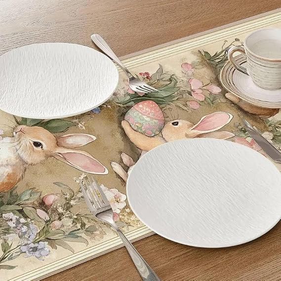 Easter Table Runner Flower Retro 13x72 Inch , Cute Rabbit Pattern Table , Easter Egg Table Runner for Holiday Celebration ,Kitchen ,Party ,Dinning Decorations