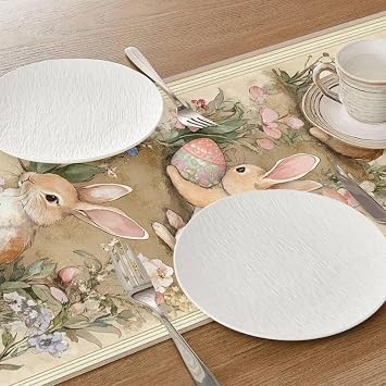 Easter Table Runner Flower Retro 13x72 Inch , Cute Rabbit Pattern Table , Easter Egg Table Runner for Holiday Celebration ,Kitchen ,Party ,Dinning Decorations