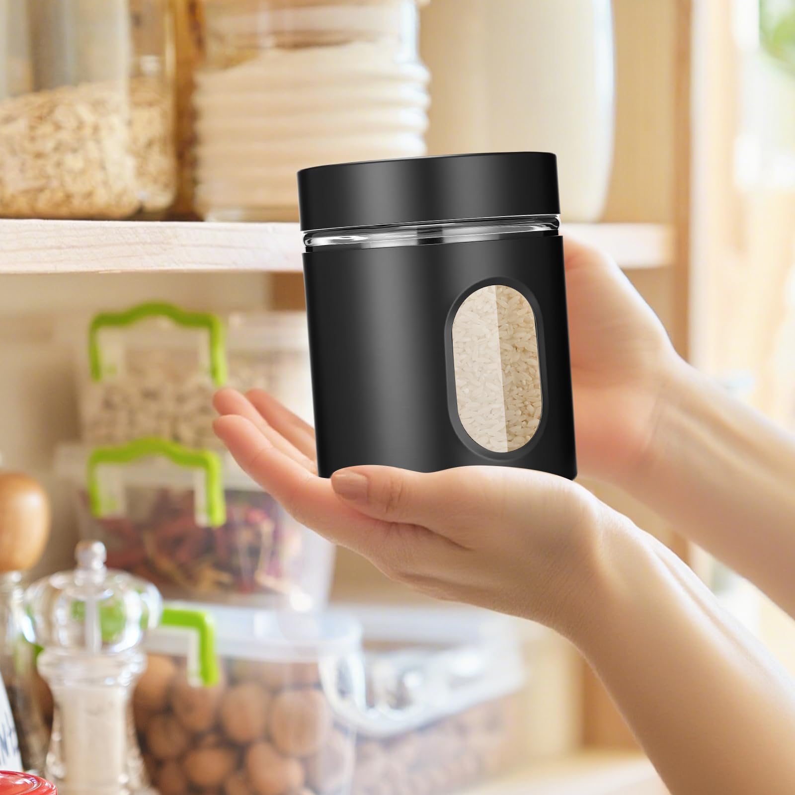 Patelai Set di 6 contenitori da cucina ermetici in acciaio inox da 590 ml, contenitori per alimenti con finestra in vetro, barattoli per caffè, zucchero, caramelle, tè, per farina, biscotti, spezie