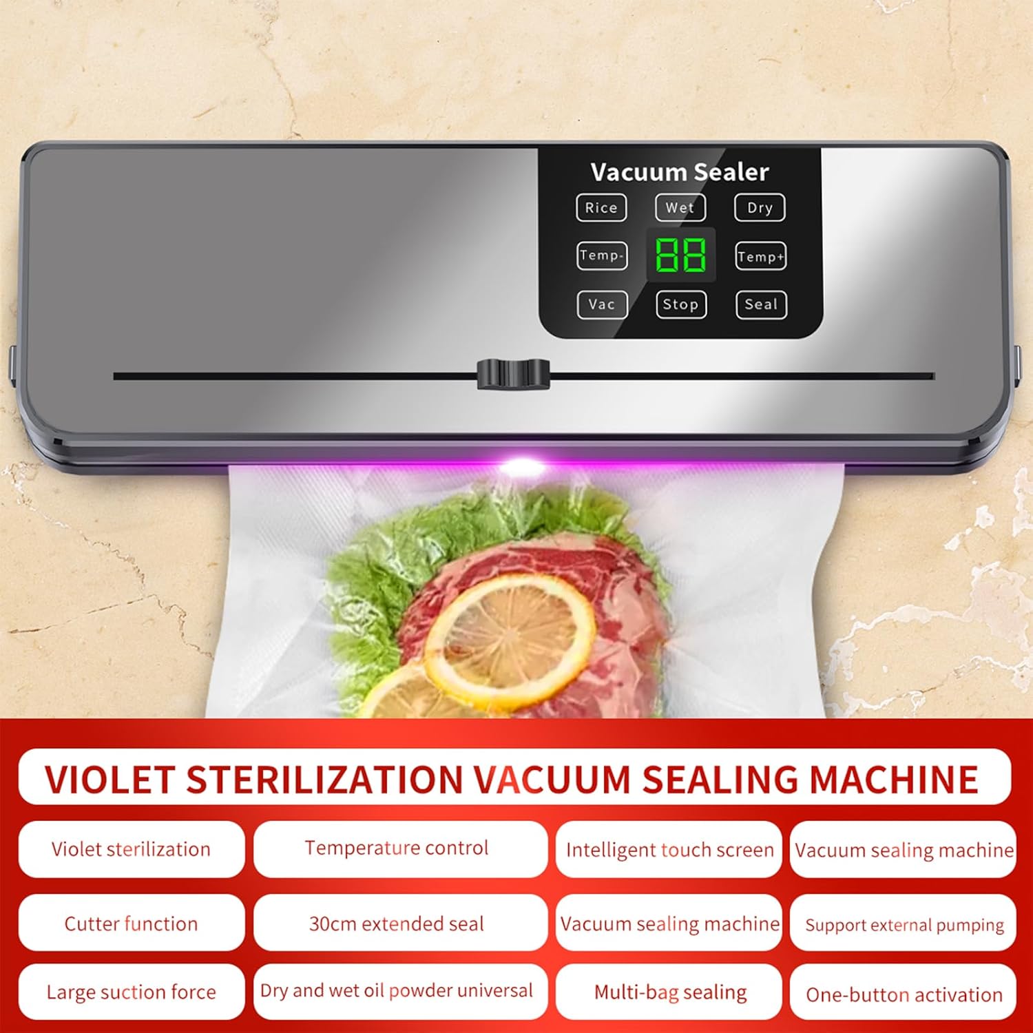 65kpa Powerful Suction Vacuum Sealer,LED Smart Touch Screen, Newly Added Cutting Blade Function Comes with 20 Packaging Bags (black)