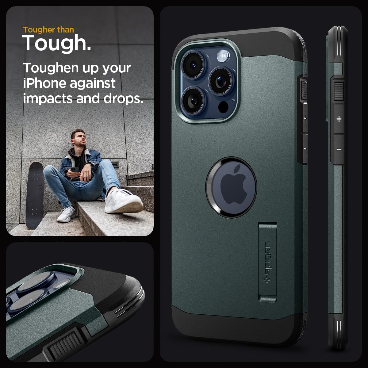 Spigen Tough Armor MagFit Designed for iPhone 15 Pro Case (2023) [Kickstand] [Military-Grade Protection] Compatible with MagSafe - Abyss Green - Image 3