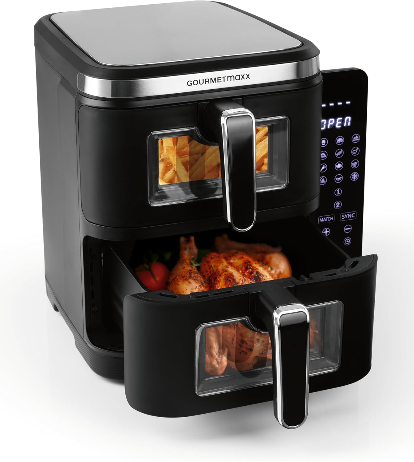 GOURMETmaxx FryUp Air Fryer with both chambers open, showing fries in the top and a whole chicken in the bottom.