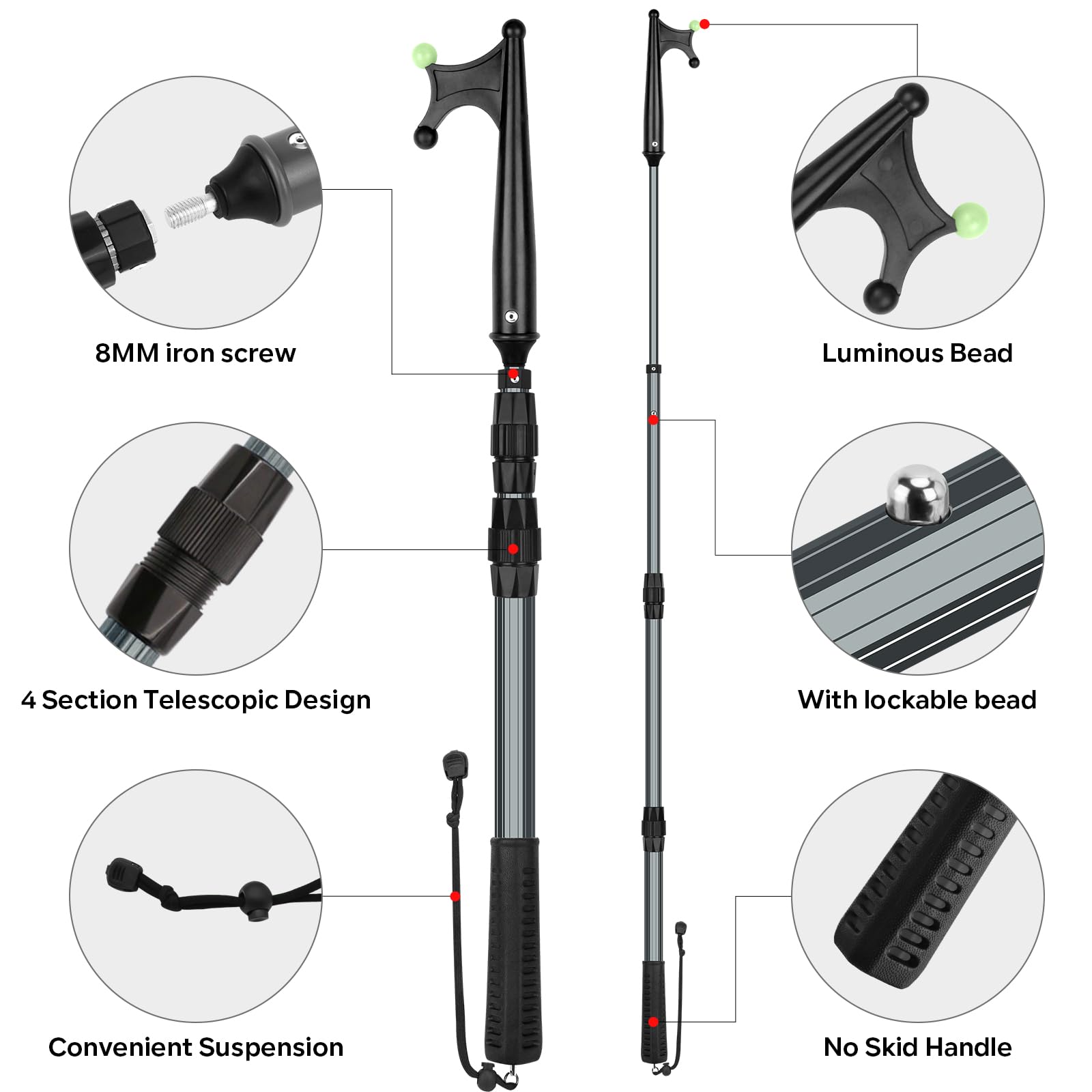 SAN LIKE Gancio Telescopico per Barca per l'attracco Accessori per Barche,Mezzo Marinaio per Barche, Nautica Sccessori Barche di Attracco, Mezzi Marinai in Alluminio con Perline Luminose, 2M Grigio