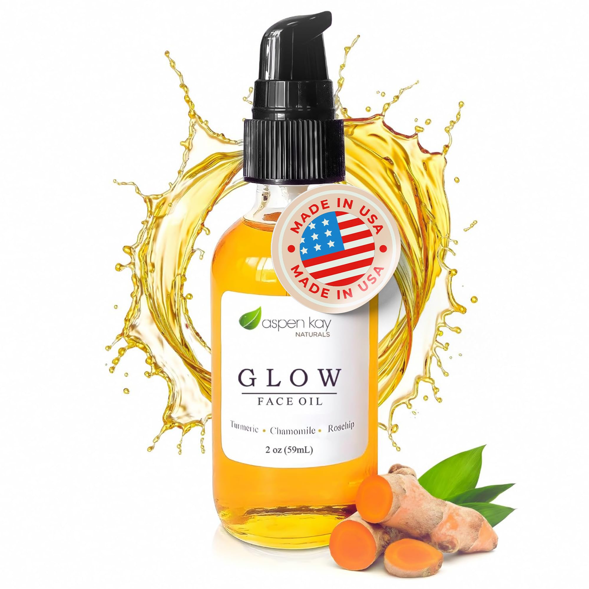Aspen Kay Naturals Glow - Turmeric & Rosehip Face Oil, Natural & Organic Face Moisturizer with Turmeric, Camellia, Sea Buckthorn and Chamomile - Facial Serum - 2 oz