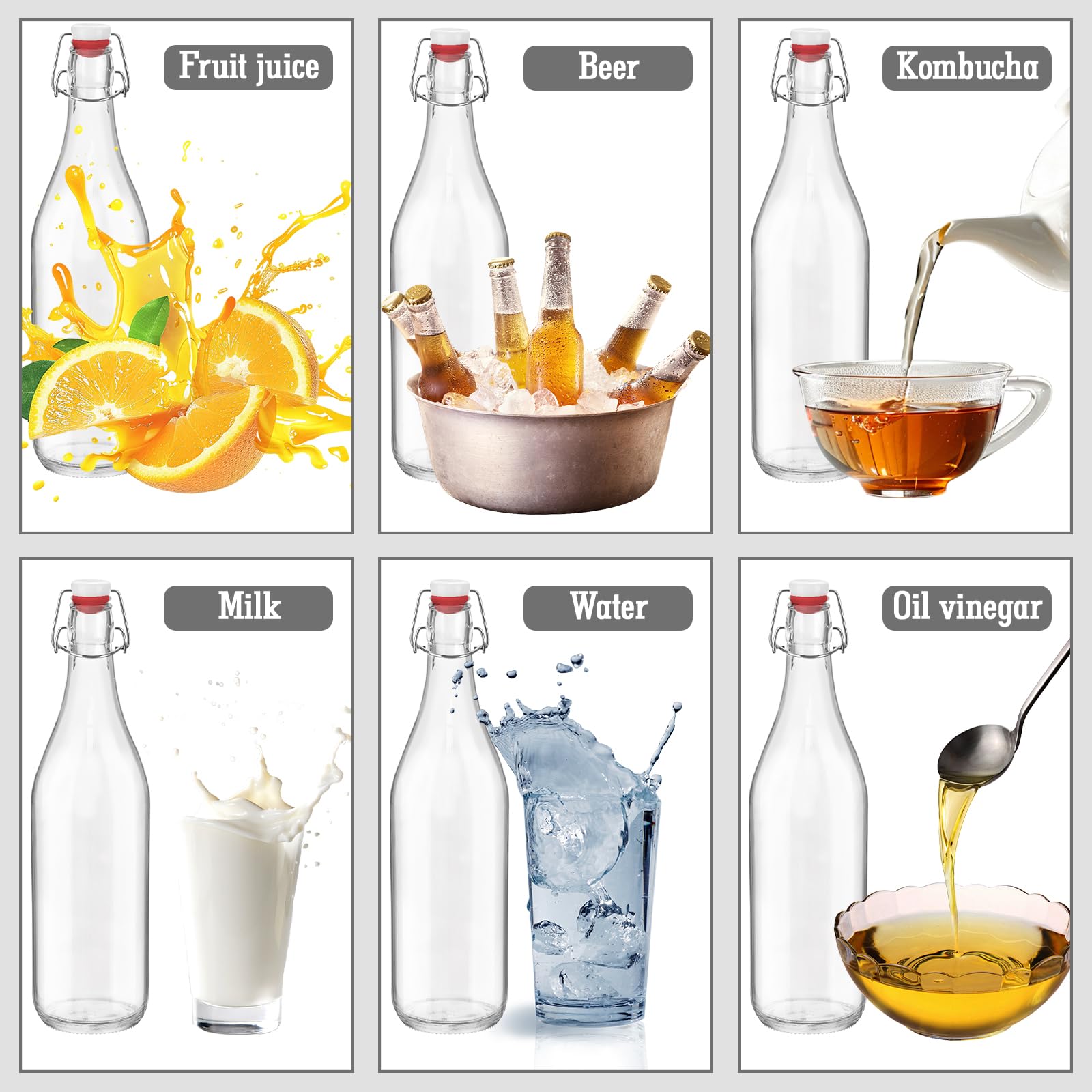 6 Pack 33 oz 1000ml flip top glass bottles with swing lids sealing stoppers rotundity airtight leakproof clear perfect for beverages oils vinegar kombucha beer water soda kefir