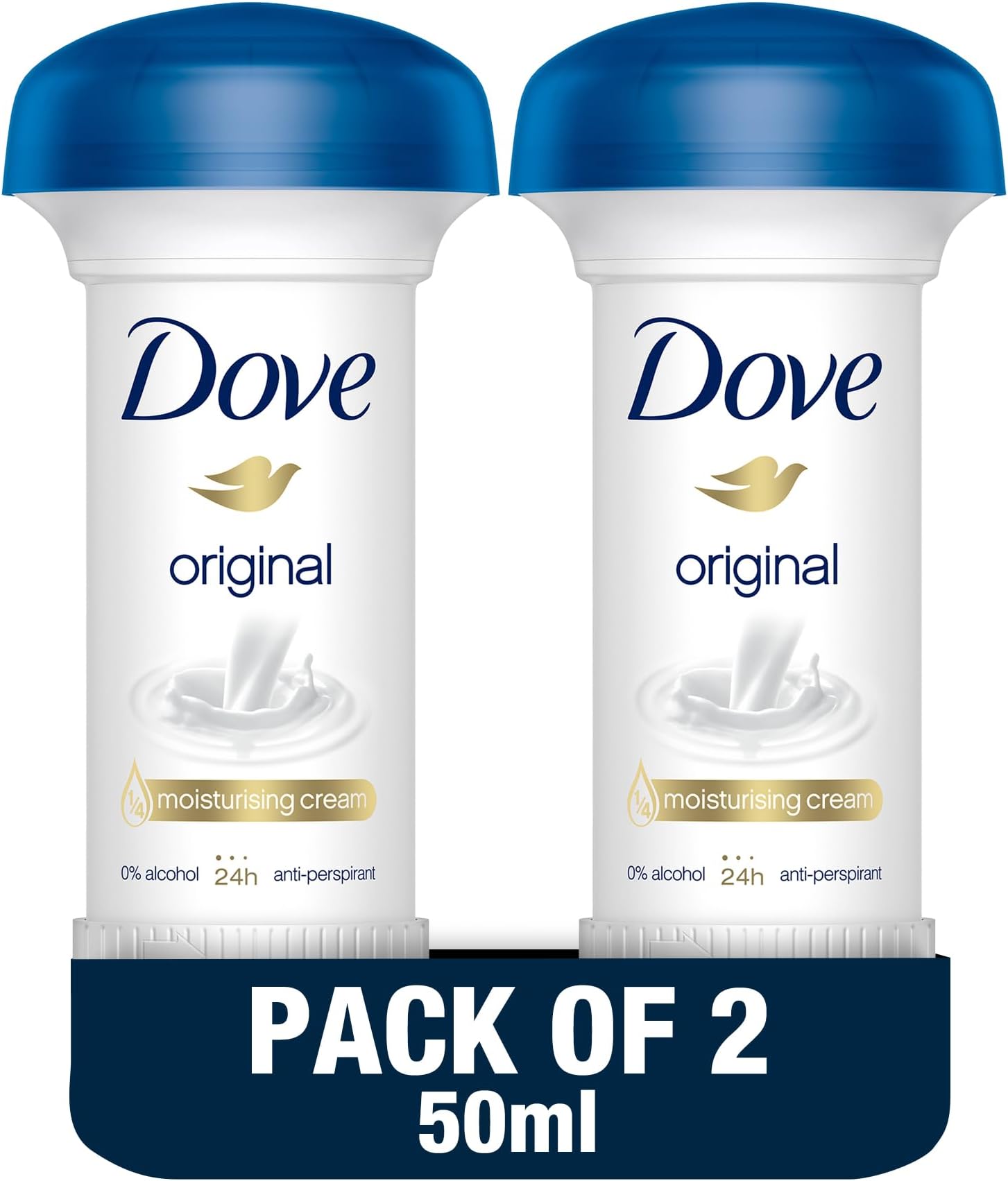 Women Antiperspirant Deodorant Cream, for 24H Protection, Original, Alcohol Free with ¼ Moisturising Cream, 50ml, Pack of 2