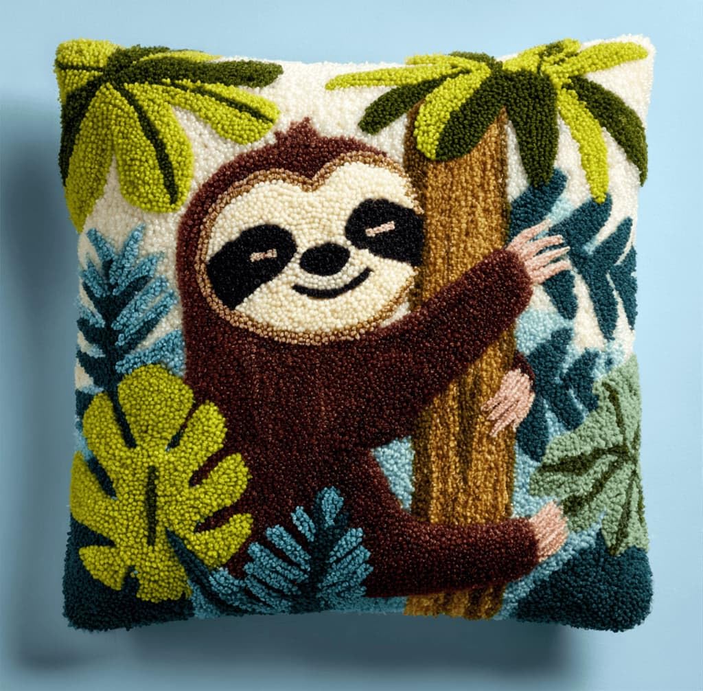 Beginner Latch Hook Cushion Kit,Jungle Sloth Decor Pillow Cover 43X43Cm