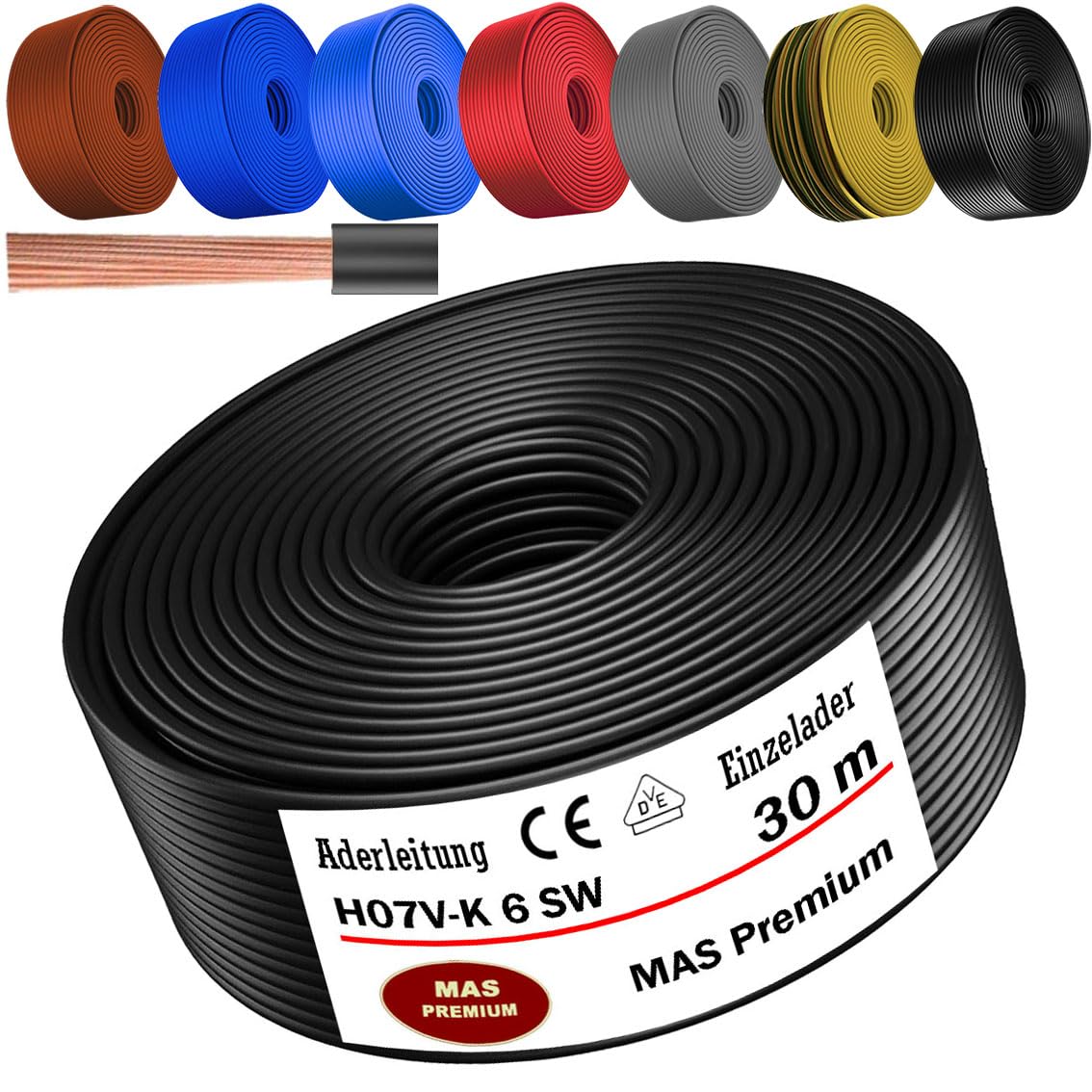 MAS Premium De 5 a 100m Cable unipolar flexible H07 V-K 6 mm² Negro Marrón Azul oscuro Verde amarillo Gris Rojo Naranja o Azul claro Individual conductor flexible (Negro, 30m)