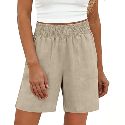 Linen Shorts for Women Summer Wide Leg Smocked Waist Bermuda