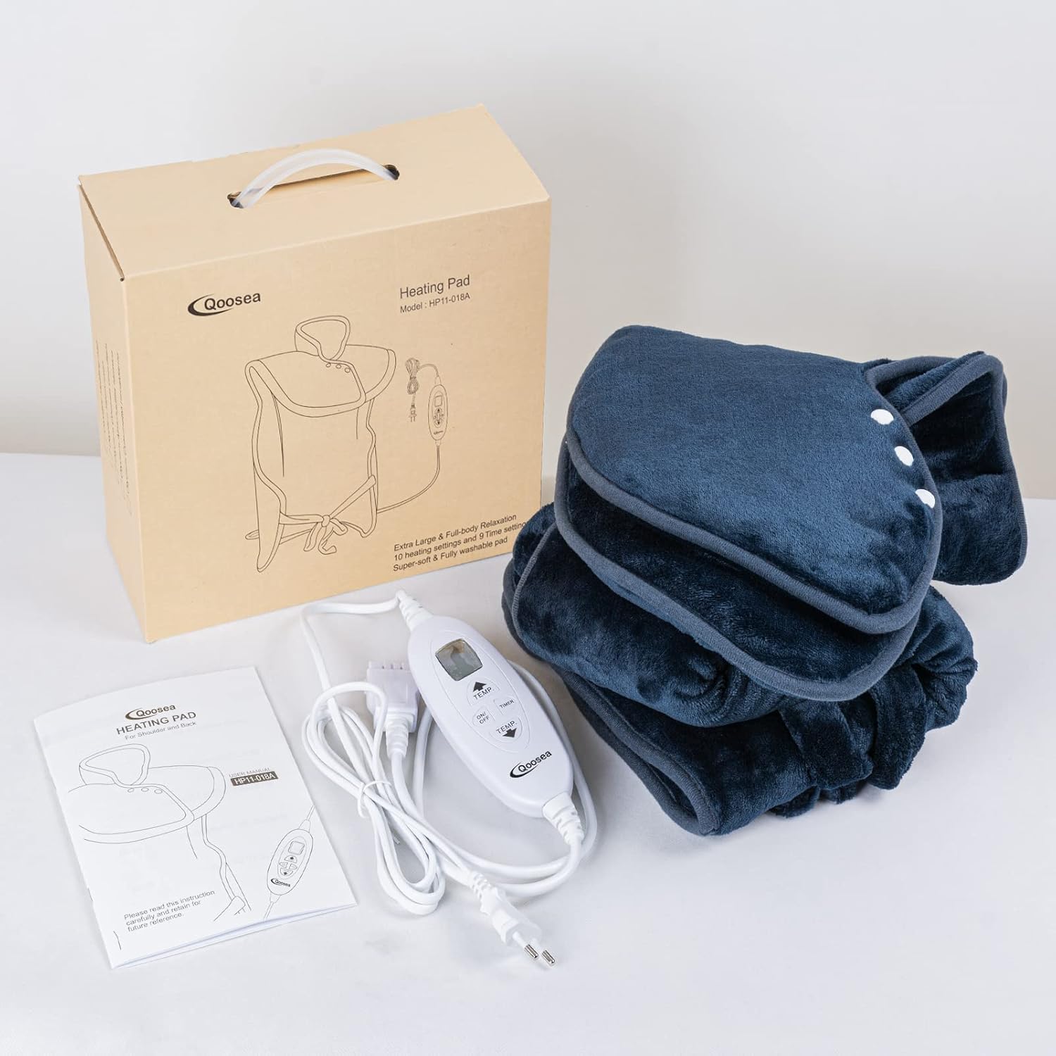 Qoosea Electric Heating Pad for Neck and Shoulders Back Relaxing 24'' x 39'' XL Weighted Heat Wrap with Fast-Heating 10 Heat Settings 9 Timer Settings Auto Shut Off Available Machine Washable Warm - Image 8