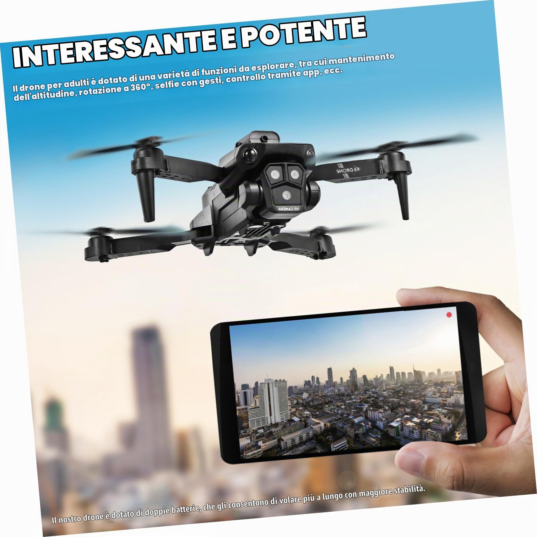 Drone Pieghevole Max con Tripla Fotocamera HD per Adulti | Lente Elettrica Regolabile 150°, Avvio One-click e Controllo a Lunga Distanza, Abs Nero, Doppia Batteria 1800mah 3.7v