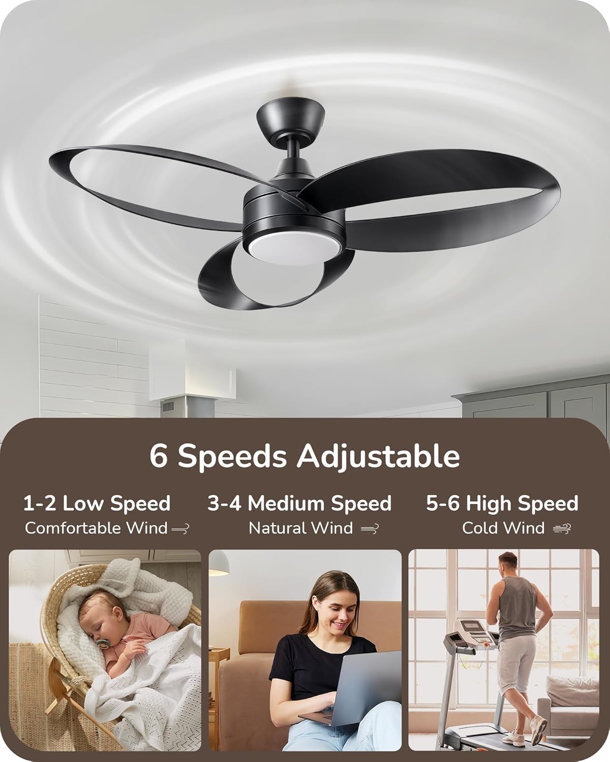 EDISHINE 42" Unique Black Ceiling Fans with Lights, 3 Looped Blades, Remote Control, Quiet DC Motor, 3CCT Dimmable, 6 Speeds, Reversible, Indoor Modern Ceiling Fan for Bedroom, Kids Room, Living Room