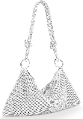 OSDUE Rhinestone Purse for Women Evening Bag Rhinestone Hobo Bag Sparkly Mini Handbag Silver Diamond Purses Bling Rhinestones Shiny Silver Clutch for Wedding Party Club