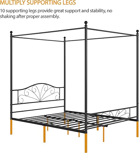 Miniatura 5 de Topeakmart Base de colchón con plataforma metálica con dosel de cuatro pósteres con cabecera arqueada y estribo, listones sólidos, necesita somier,