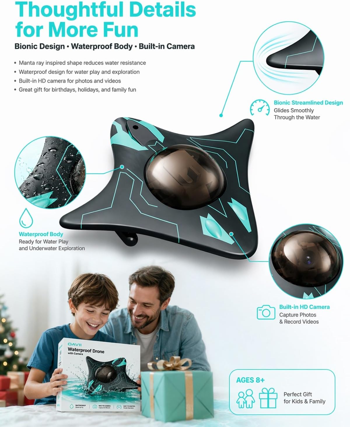 Underwater Drone with Camera, Submarine Water Photography Device, Portable Compact Exploration Imaging, Remote App Control, Adjustable Lift, LED Headlight, WiFi Live Video Transmission