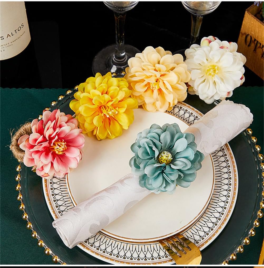 White Floral Napkin Rings Set of 6,Rustic Rose Napkin Rings Flower Dinner Napkin Holder for Table Decoration