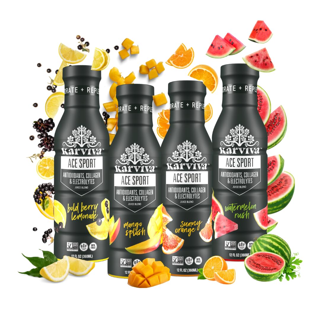 Karviva ACE Collagen Sport Juice Variety Pack - Inspired by Traditional Eastern Remedies for Healthy Joints, Skin & Hair. Collagen Hydration Drinks with Natural Marine Collagen, Electrolyte, Antioxidants, Low-Sugar, Low-Carlories, Non-GMO, Gluten Free (6 BFA-Free bottles, 12 fl oz)