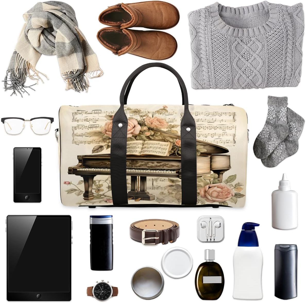 Piano Rose Vvintage Travel Duffel Bag for Women Men Large Capacity Overnight Weekender Bags for Lightweight Waterproof Sport Gym Bag for Workout Yoga Swim