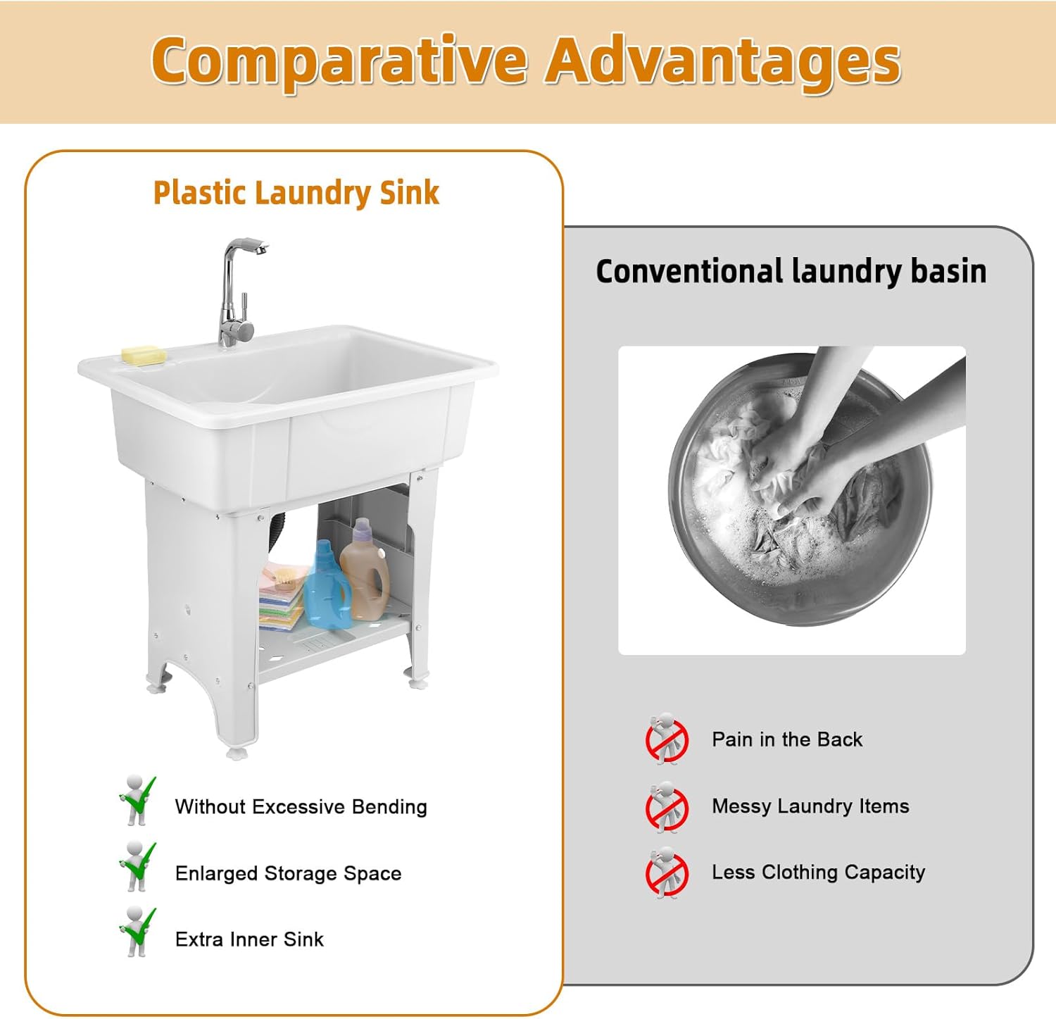 Freestanding Utility Tub Sink, Plastic Laundry Sink with Hot Cold Faucet & Removable Washboard, Portable Hand Wash Station Outdoor Washing Basin Laundry Room Sinks for Home Garage (White)