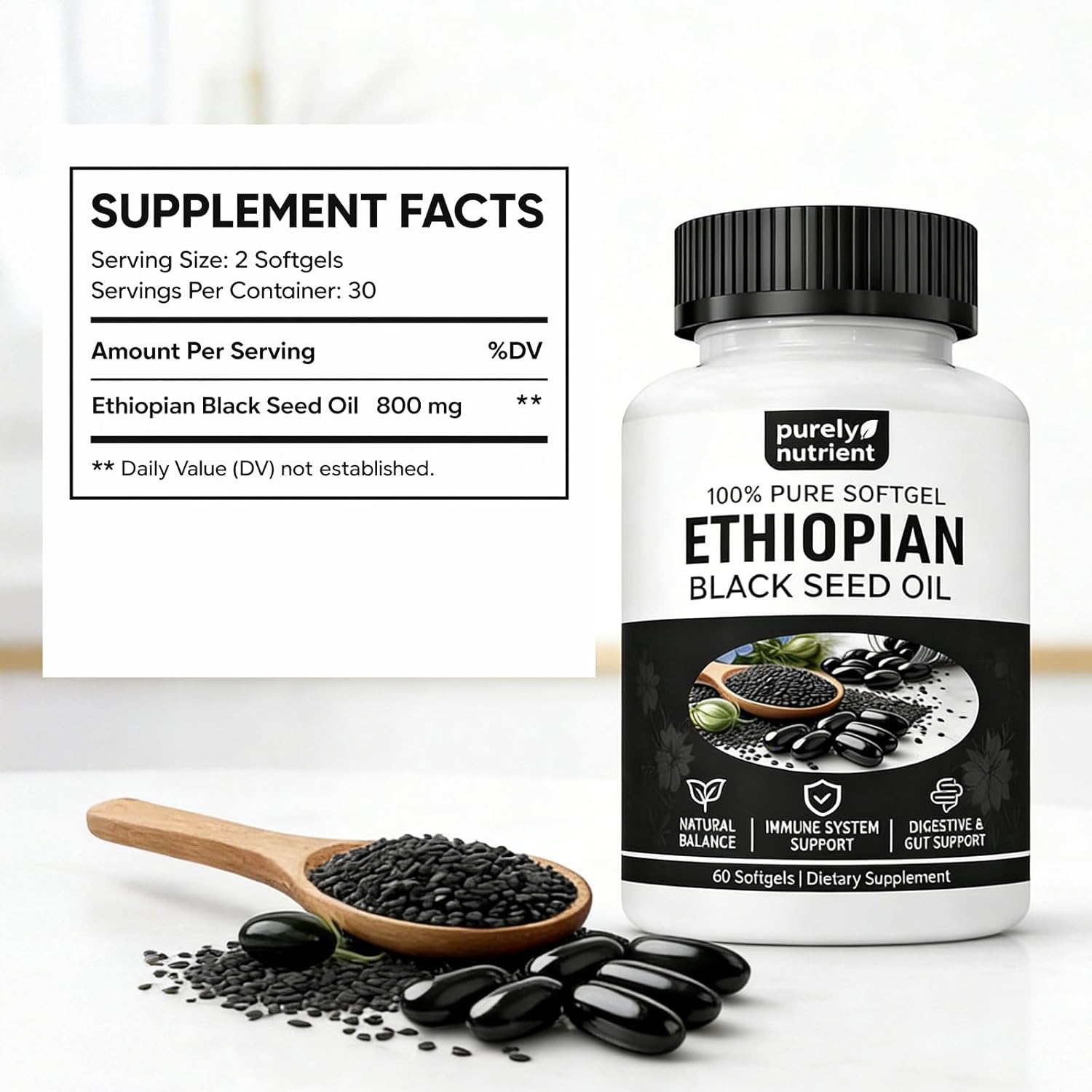 Ethiopian Black Seed Oil Capsules 4.64% Thymoquinone – Purely Nutrient Organic Cold Pressed Black Cumin Seed Oil Softgels, Non-GMO, Gluten-Free, 60 Softgels