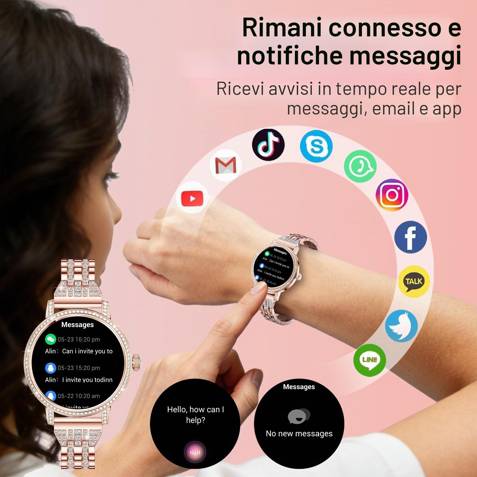 Smartwatch donna con Diamant,3 Cinturini,1,27" HD Smart Watch con Chiamate Bluetooth,Pressione/Sonno/Passi/HR/SpO2/Calorie,IP68 120+ Sportivo orologio donna smartwatch per Android/iOS,Oro rosa