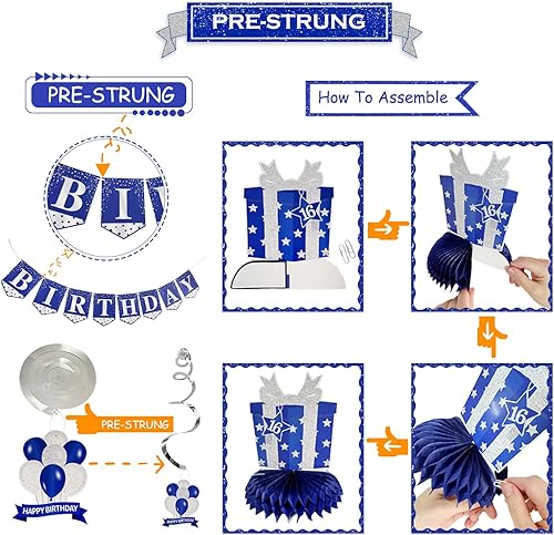 Miniatura 2 de Kit de decoración de cumpleaños número 16 – azul, pancarta de feliz cumpleaños 16, centros de mesa de panal de remolinos, suministros para fiesta de