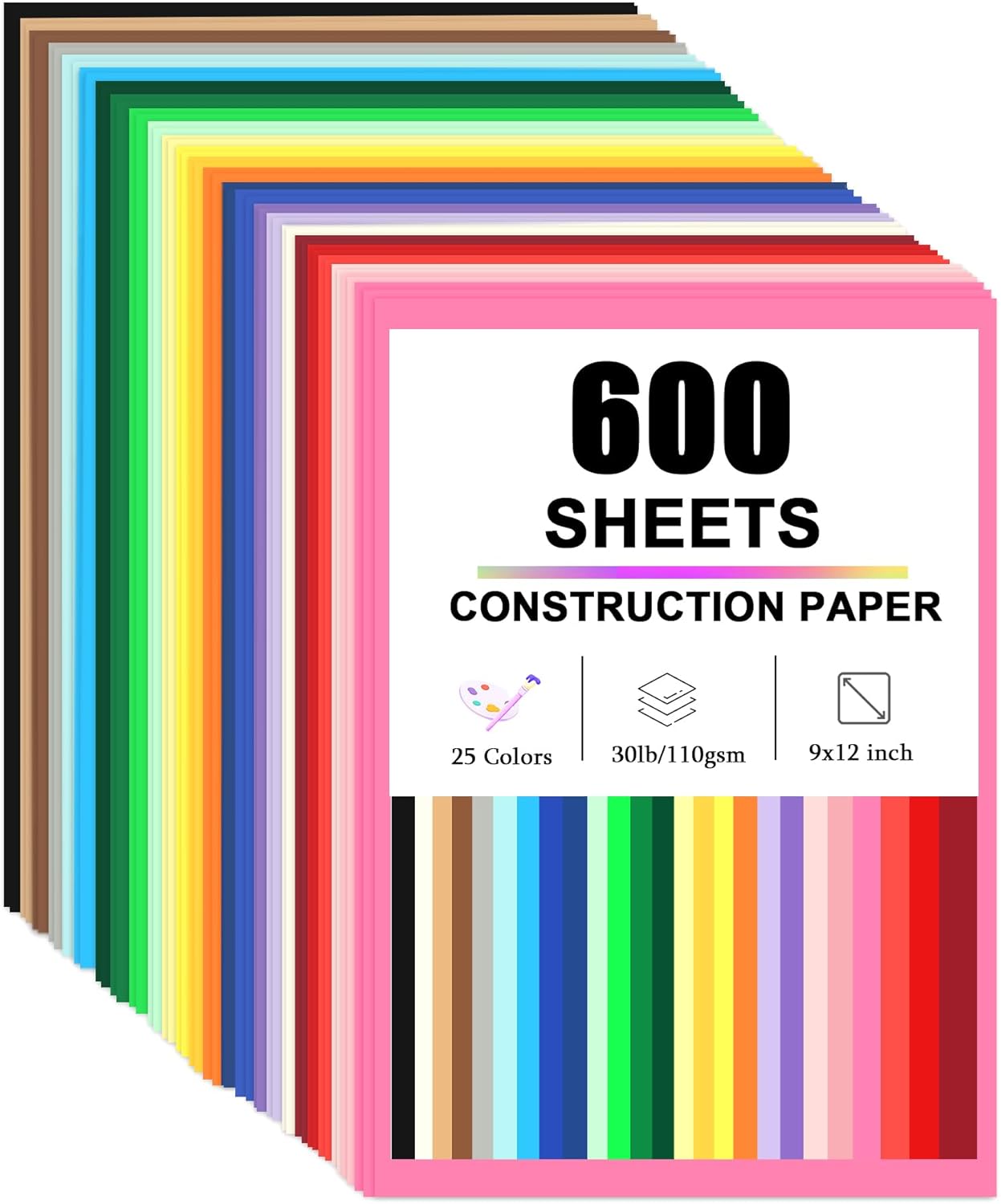 Swanaryo Construction Paper Assorted Colors - (600 Sheets, 9x12), 25 Bright Colors Lightweight(30lb/110gsm) Craft Paper Bulk Pack Arts & Crafts Projects
