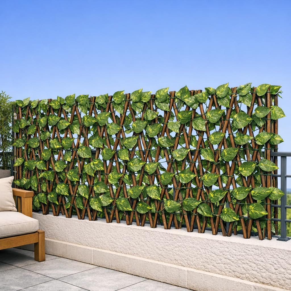 Siepe Artificiale Con Foglie Su Traliccio Estensibile in Legno Salice Divisorio Ringhiera Recinzione Edera Giardino Frangivista Ornamentale Sintetica Balcone 1x2 mt (1 Pezzo)