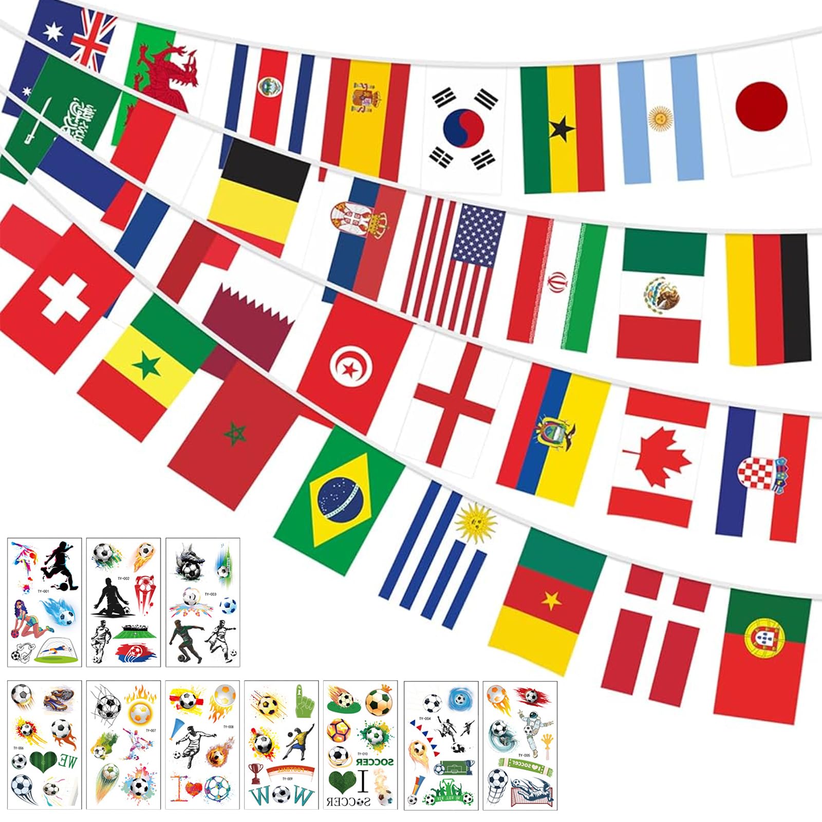 Bandierine con 48 bandiere dei paesi, decorazione 2026, 14 x 21 cm, in tessuto su entrambi i lati, con 10 tatuaggi adesivi, impermeabili e resistenti al sudore, per pubblici, feste, giardino, bar