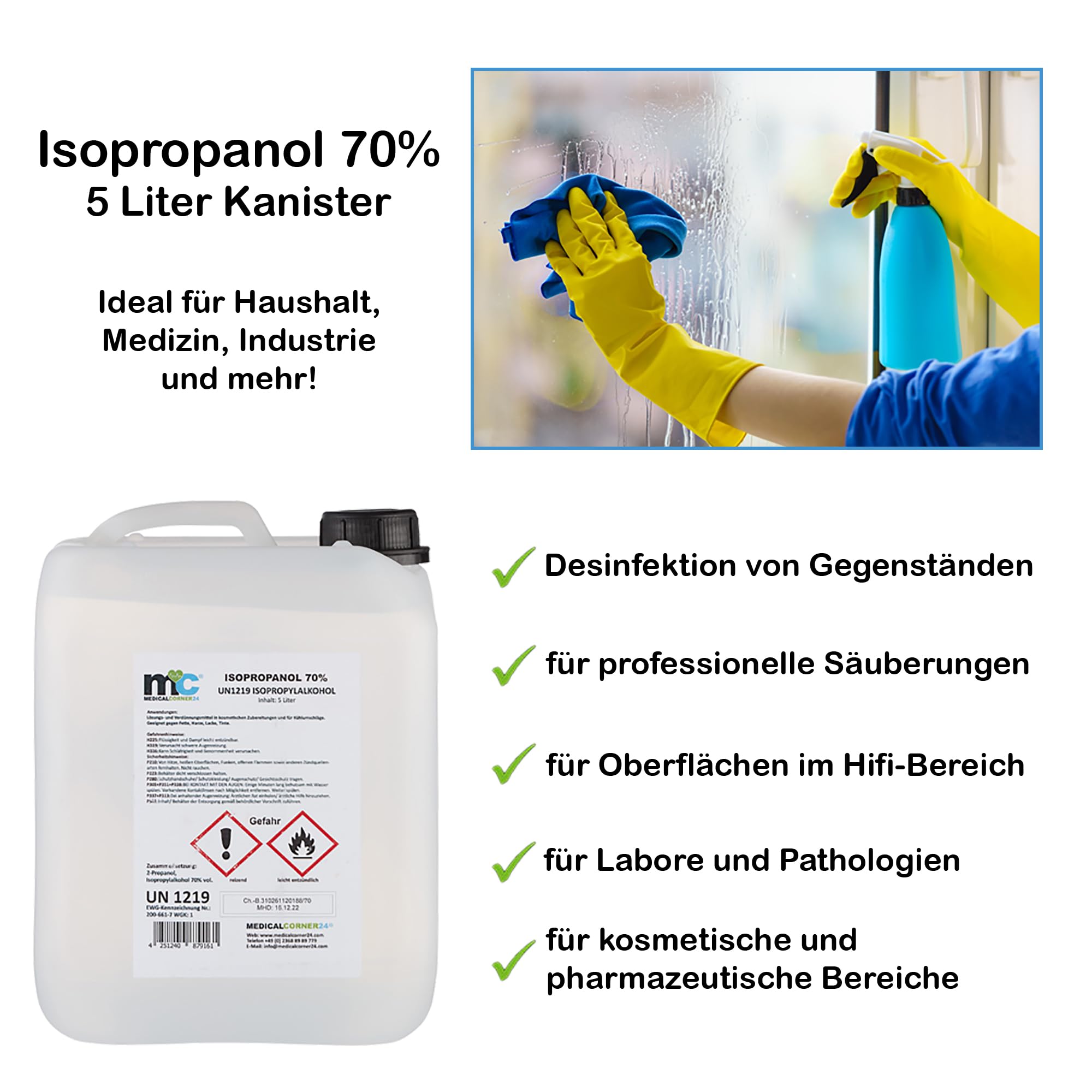 Medicalcorner24 Isopropanol 70% isopropylalkohol Garrafa de 4 x 5 l, Alcohol