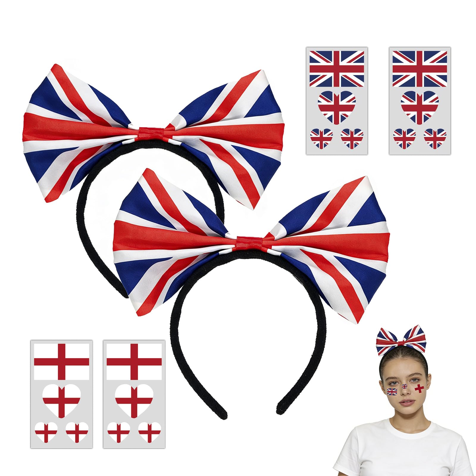 Union Jack Bow Headband with Tattoos Stickers, 6 Pcs England Football Dress Accessory, British Flag Bow on Headband for Street Parties World Cup football matches and other types of fan decorations