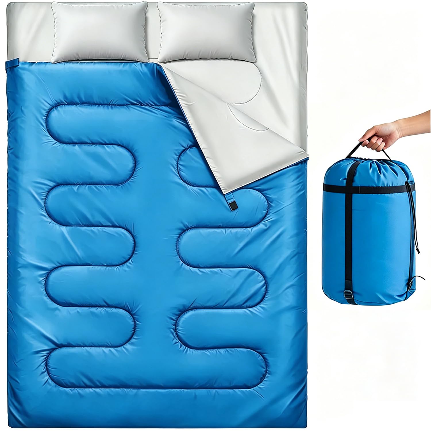 Double Sleeping Bag with 2 Pillows, Large Sleeping Bags for Adults and Kids
