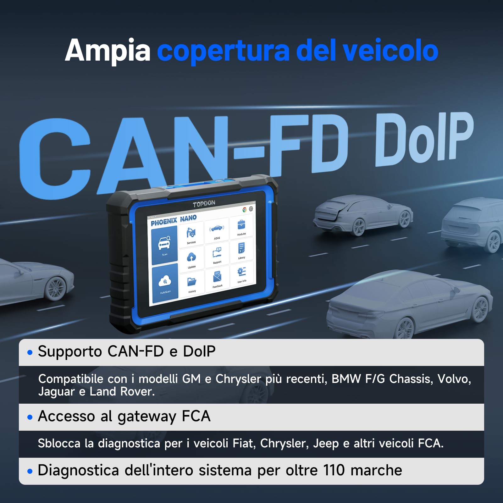 TOPDON Dispositivo diagnostico Auto Phoenix Nano, OBD2 Dispositivo diagnostico per tutti i veicoli, codifica unità di controllo, tutte le diagnosi di sistema, controllo bidirezionale, 32+ Reset