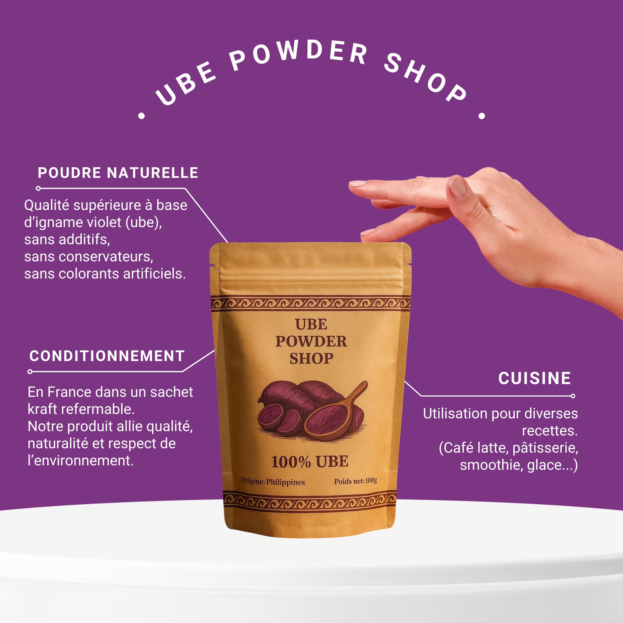 UBE POWDER SHOP – Certyfikowany proszek Ube Premium 100% naturalny – Fioletowy batat z Filipin – Superfood wegański | Do kawy latte, deserów, lodów, wypieków i napojów – Saszetka 100 g