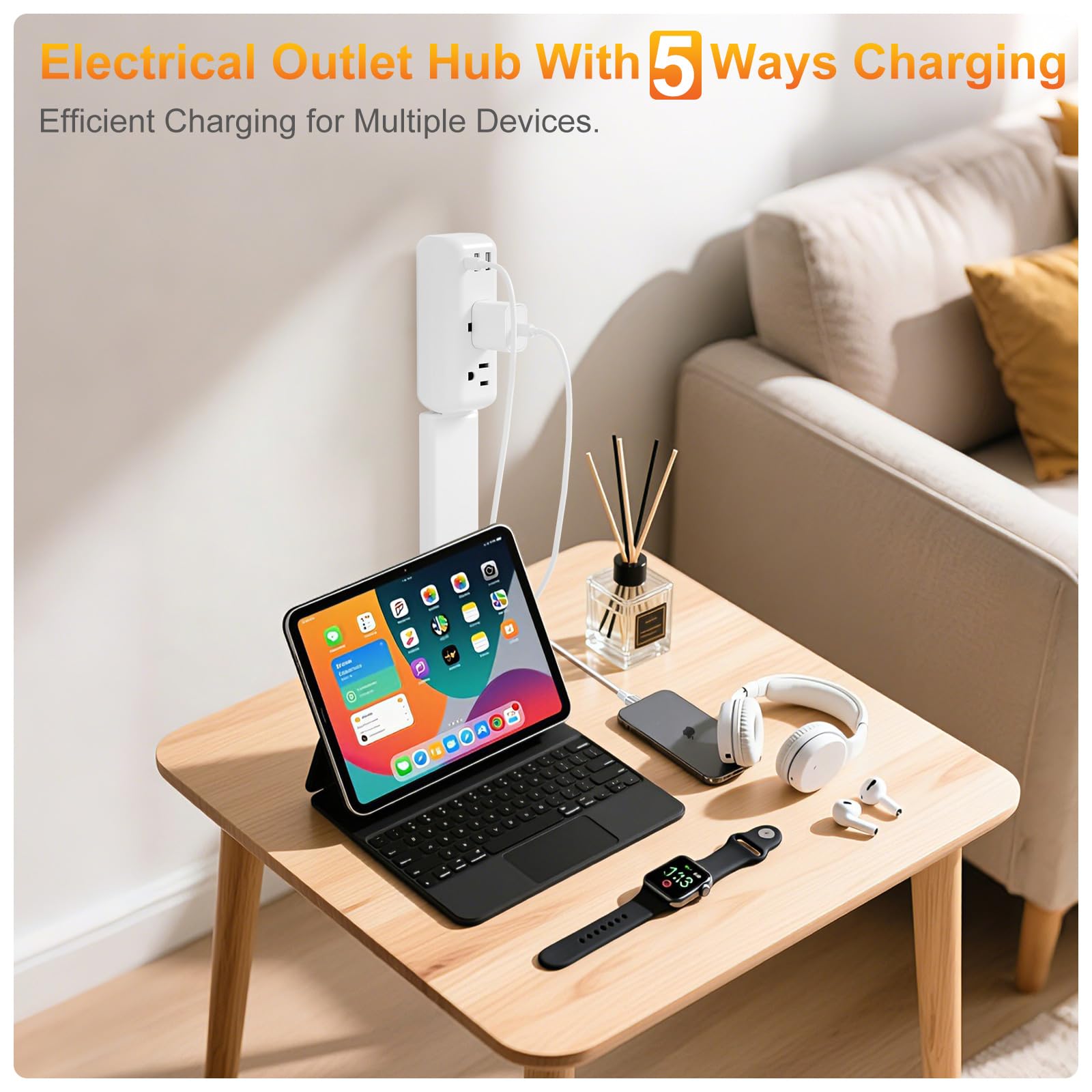 2 x przedłużki do gniazdka elektrycznego 55,9 - 86,4 cm z 2 gniazdami AC i portami USB-A, portami USB-C, gniazdko ścienne obracane o 180°, trudno dostępne przedłużenie za stolikiem nocnym, kanapa