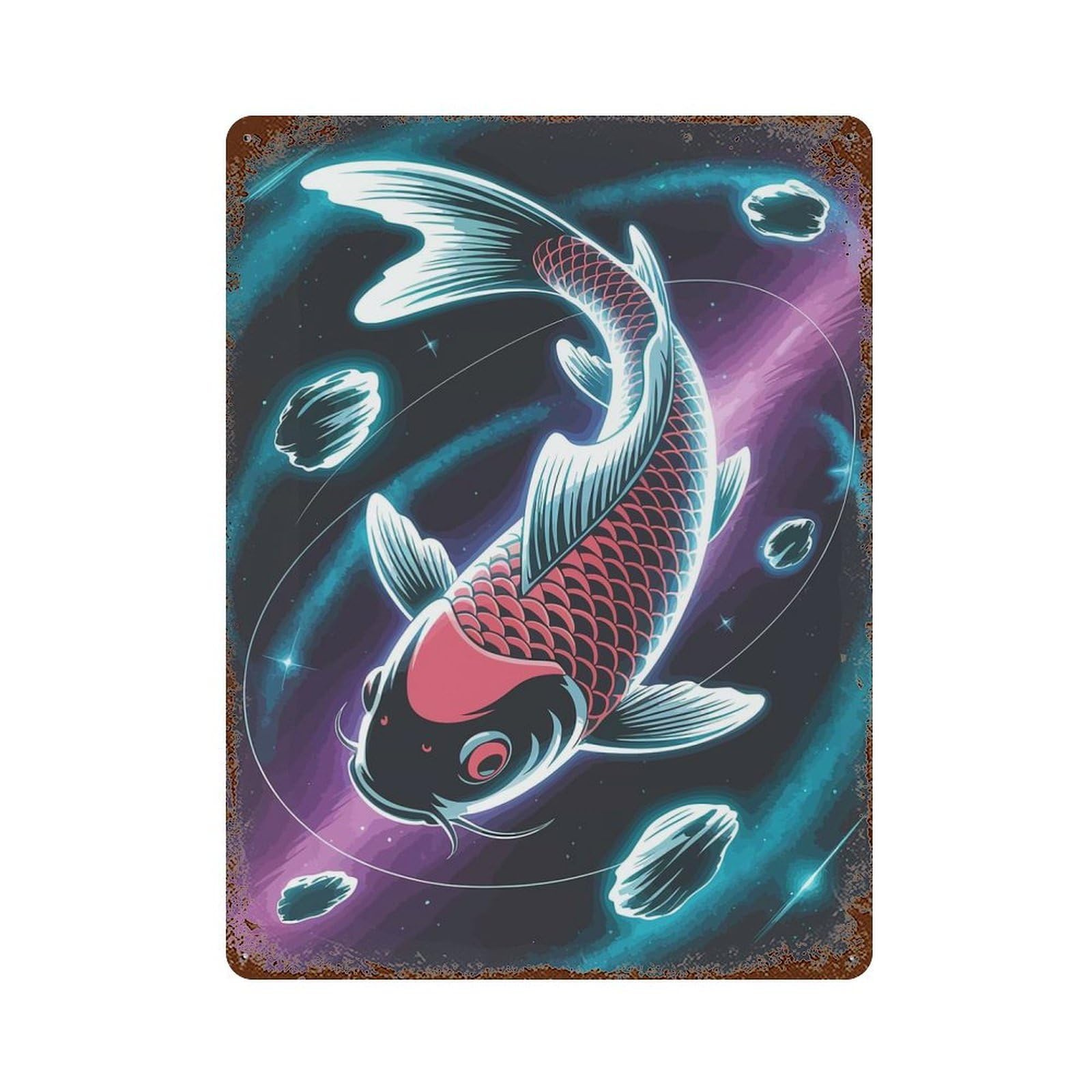 Rust Effect Koi Fish in Space Rusty Metal Tin Sign 15.7"x11.8", Farmhouse Wall Decor for Shed, Workshop And Garage Wall Decor