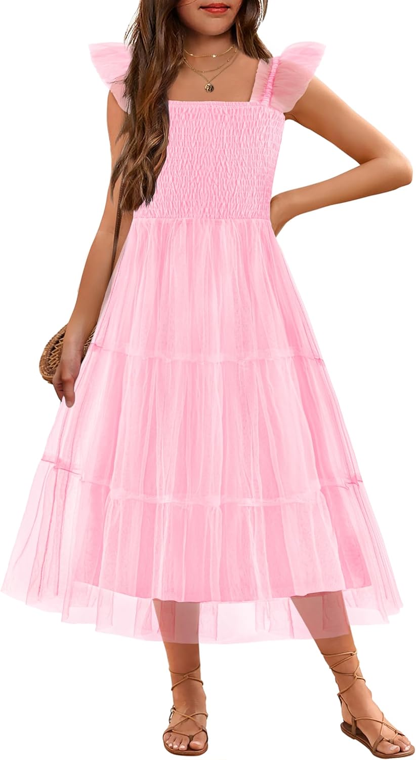 Arshiner Tween Girls Dress Ruffle Sleeve Elastic Straps Smocked A-Line Tulle Summer Long Patry Birthday Sundress