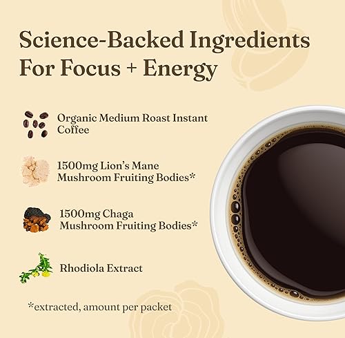 Miniatura 4 de Four Sigmatic - Café instantáneo orgánico en polvo  Café instantáneo arábica individual con melena de león chaga y rodiola  Mezcla instantánea de