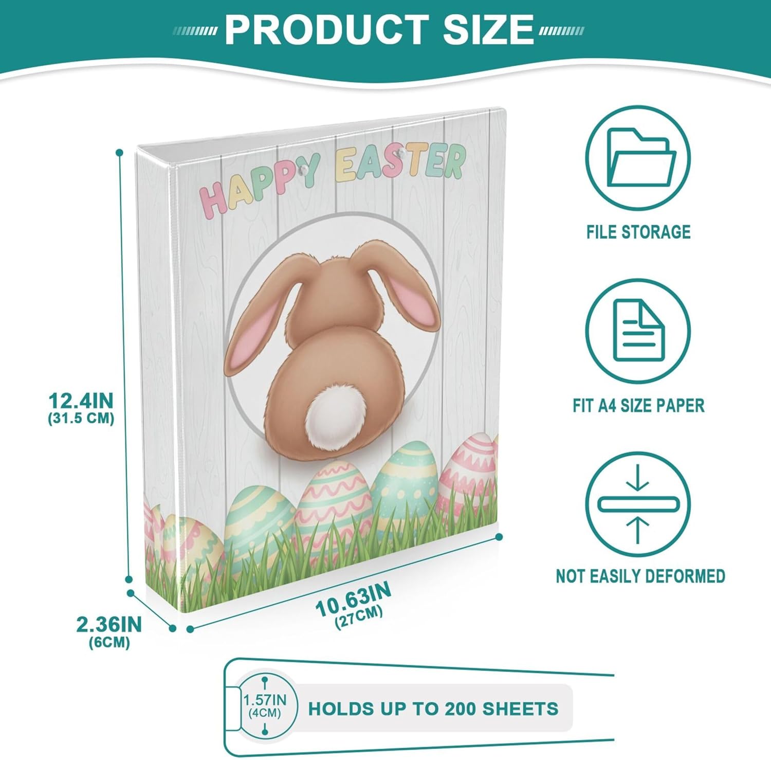 Happy Easter 3 Ring Binders, 1.5” Round Ring Binders with Clipboard - Letter Size, 3 Interior PVC Clear Pockets & Anti-Slip Clip for Office School Supplies, 2PCS